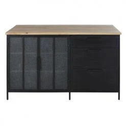 Maisons Du Monde Îlots Et Dessertes Îlot Central Cuisine 2 Portes 3 Tiroirs En Métal Noir Mat Et Bois De Manguier Massif