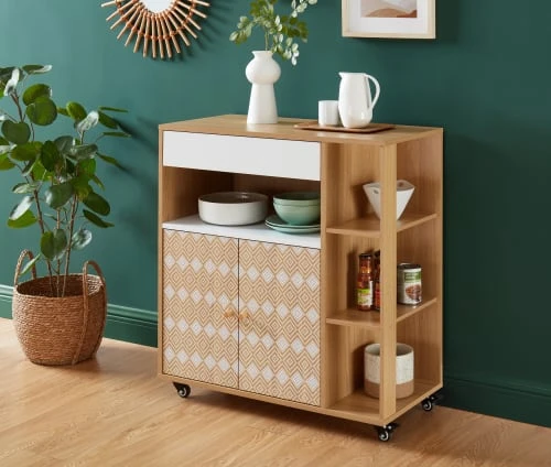 Meubles de cuisine Soldes -Meubles de cuisine Soldes desserte de cuisine effet chene et motifs blancs 80cm a roulette 1